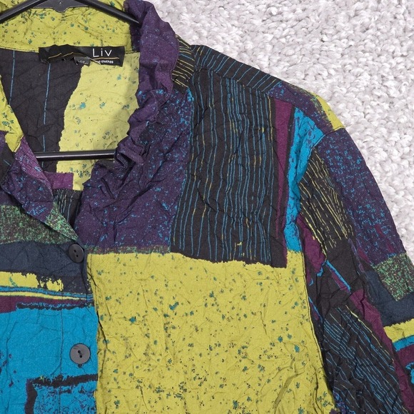 Liv by Habitat Top Womens Medium Colorful Crinkle Button Up Art To Wear - Picture 3 of 14